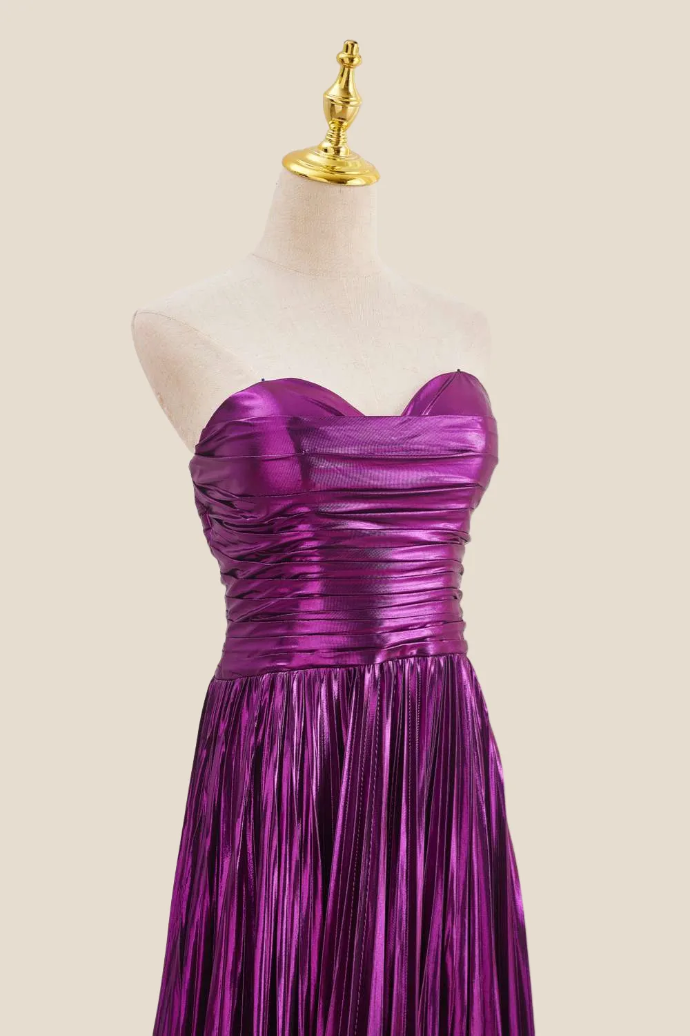 Sweetheart Purple Pleated Metallic Long Dress