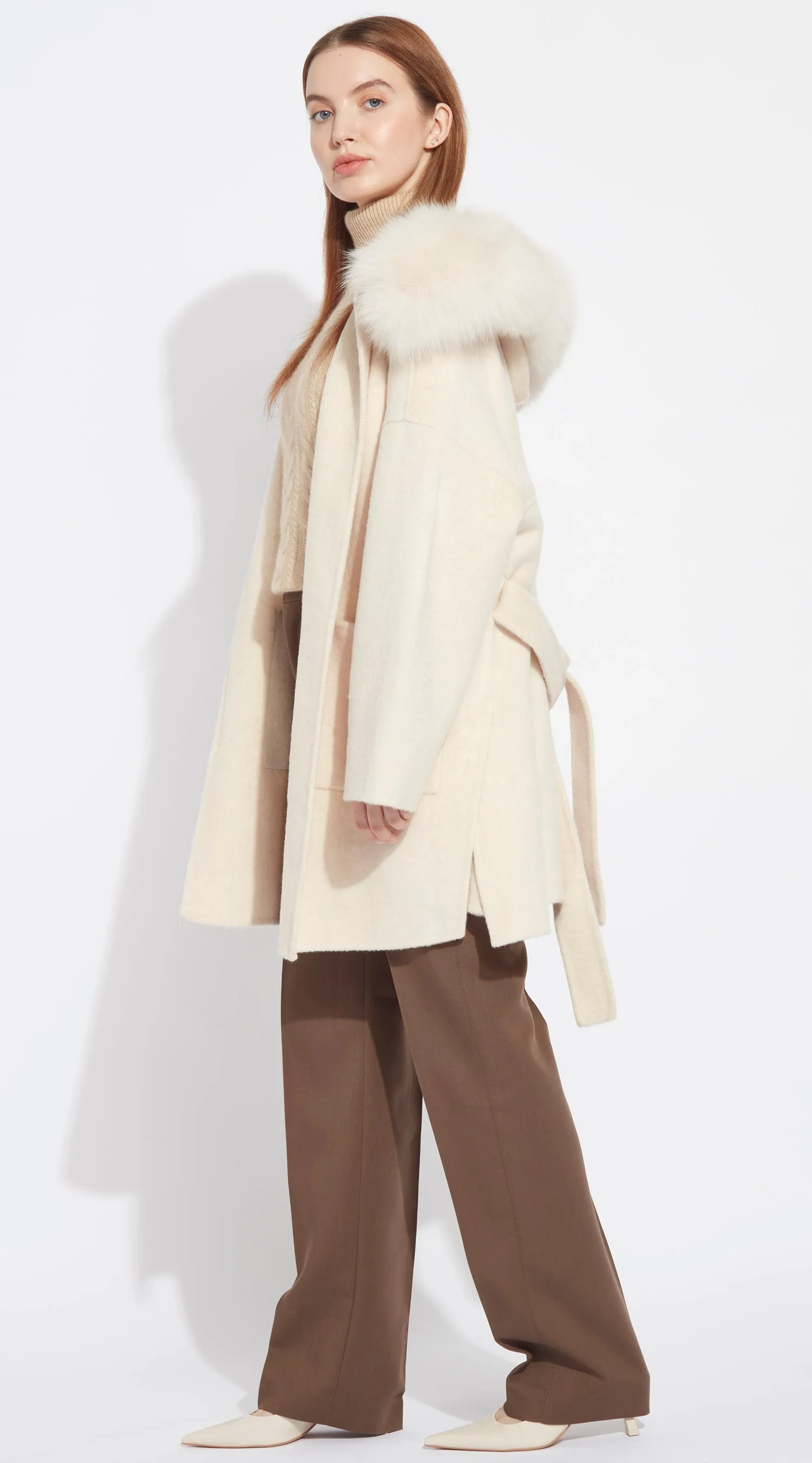 The London Cashmere & Fox Fur Belted Coat - Buttermilk