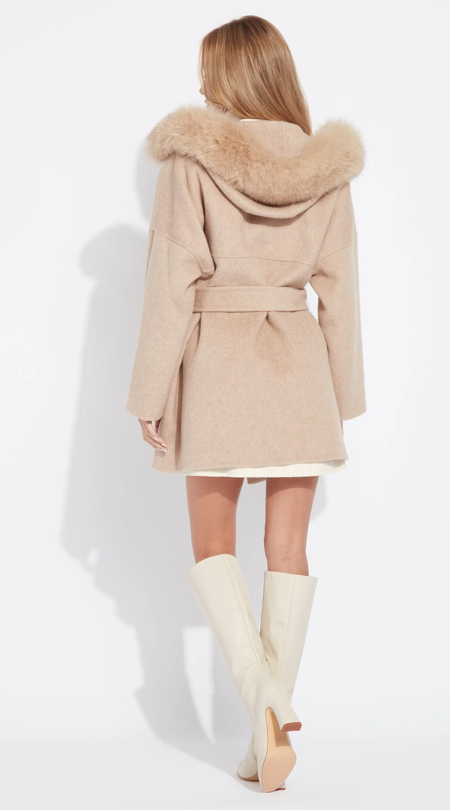 The London Cashmere & Fox Fur Belted Coat - Golden Beige