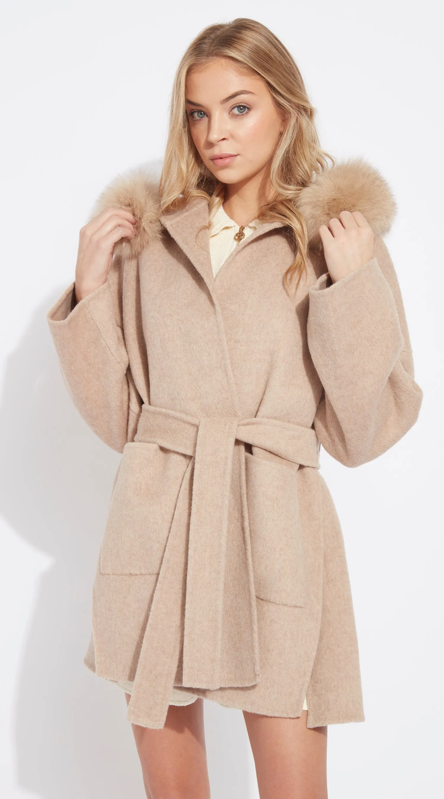 The London Cashmere & Fox Fur Belted Coat - Golden Beige