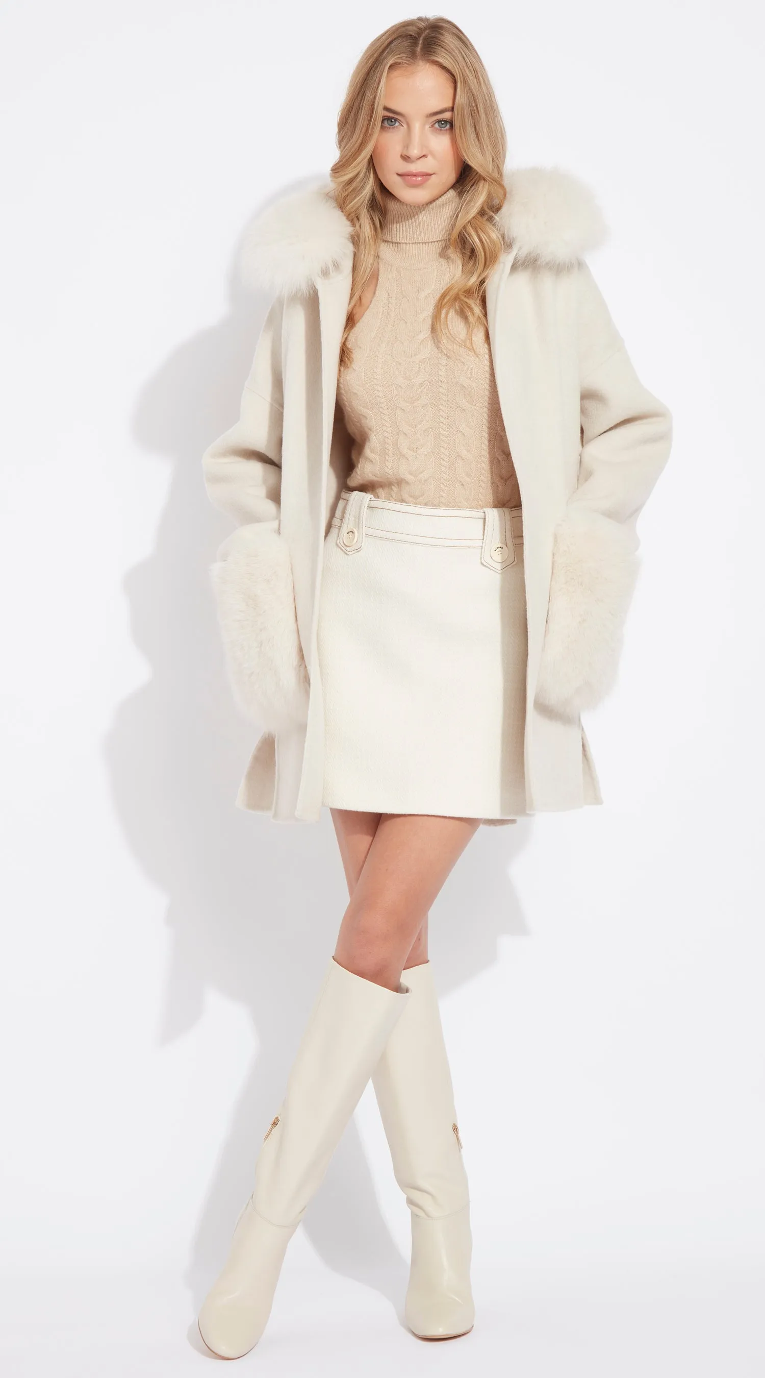 The London Cashmere & Fox Fur Hood & Pockets Belted Coat - Buttermilk