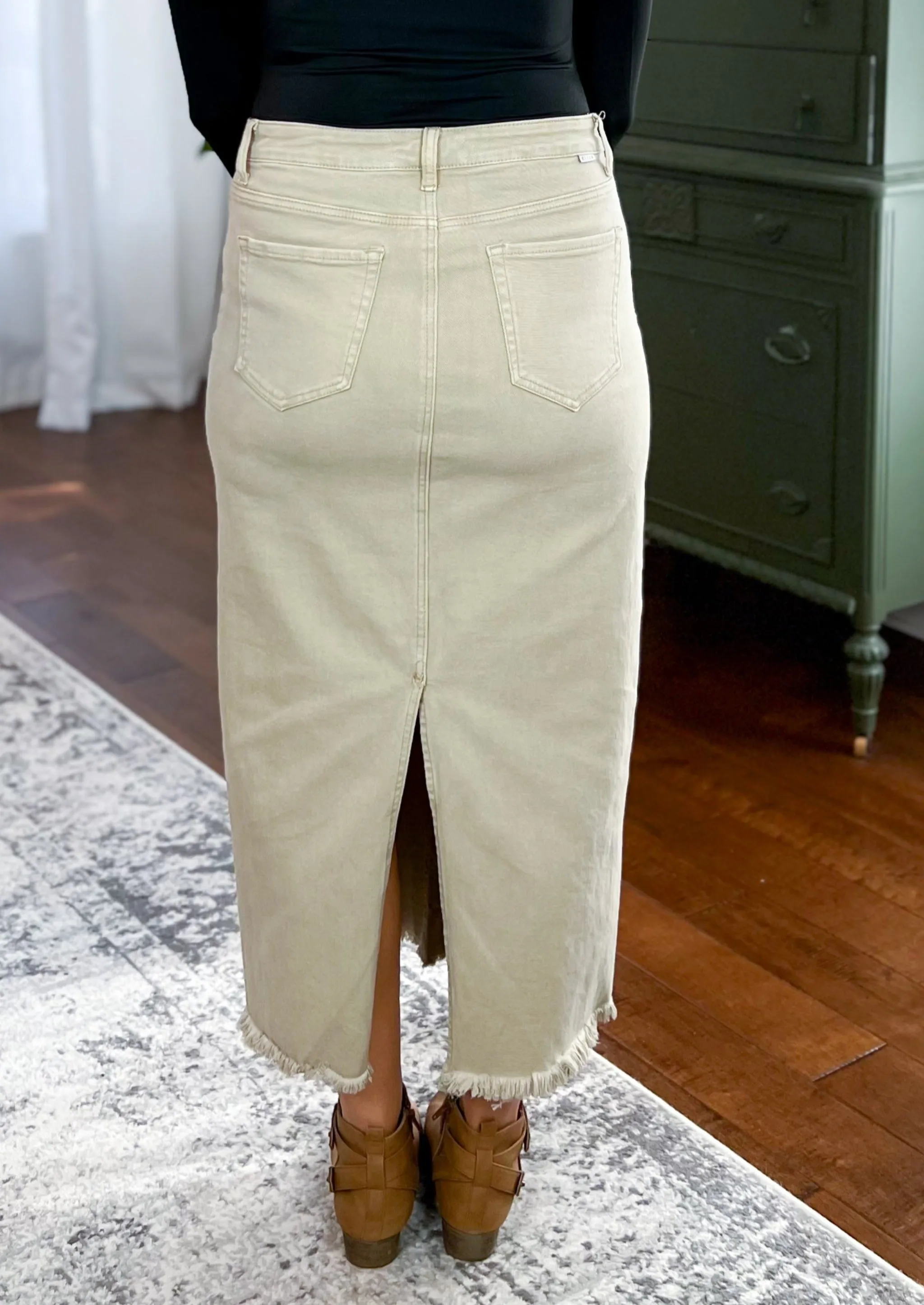 The Remington High Rise Modest Maxi Denim Skirt - Sand