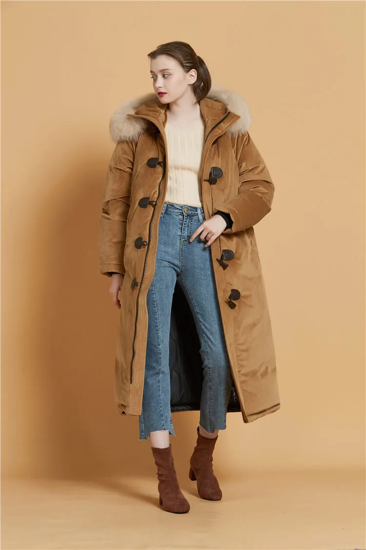 Velvet Hooded Fur Tickened Down Puffer Toggle Long Coat