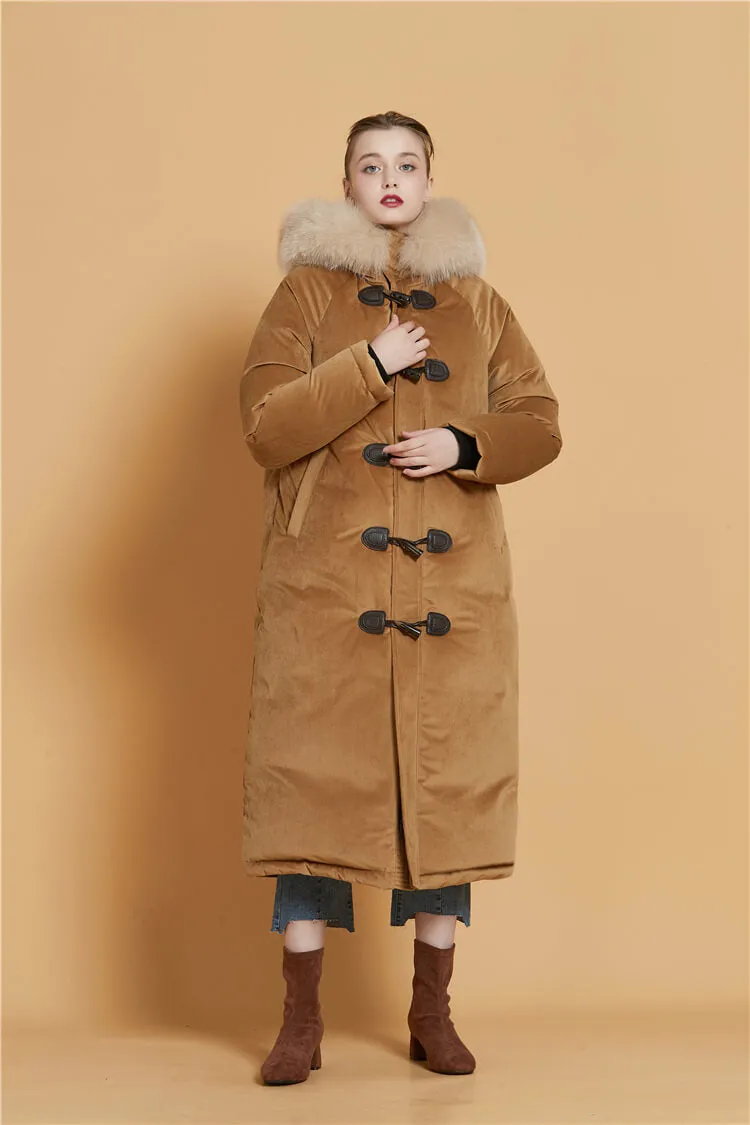 Velvet Hooded Fur Tickened Down Puffer Toggle Long Coat