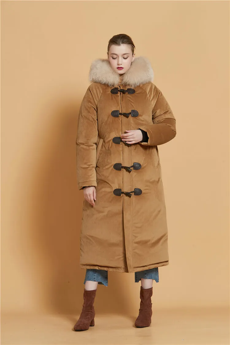 Velvet Hooded Fur Tickened Down Puffer Toggle Long Coat