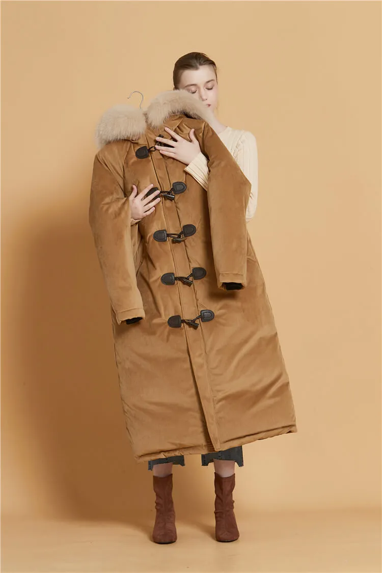 Velvet Hooded Fur Tickened Down Puffer Toggle Long Coat