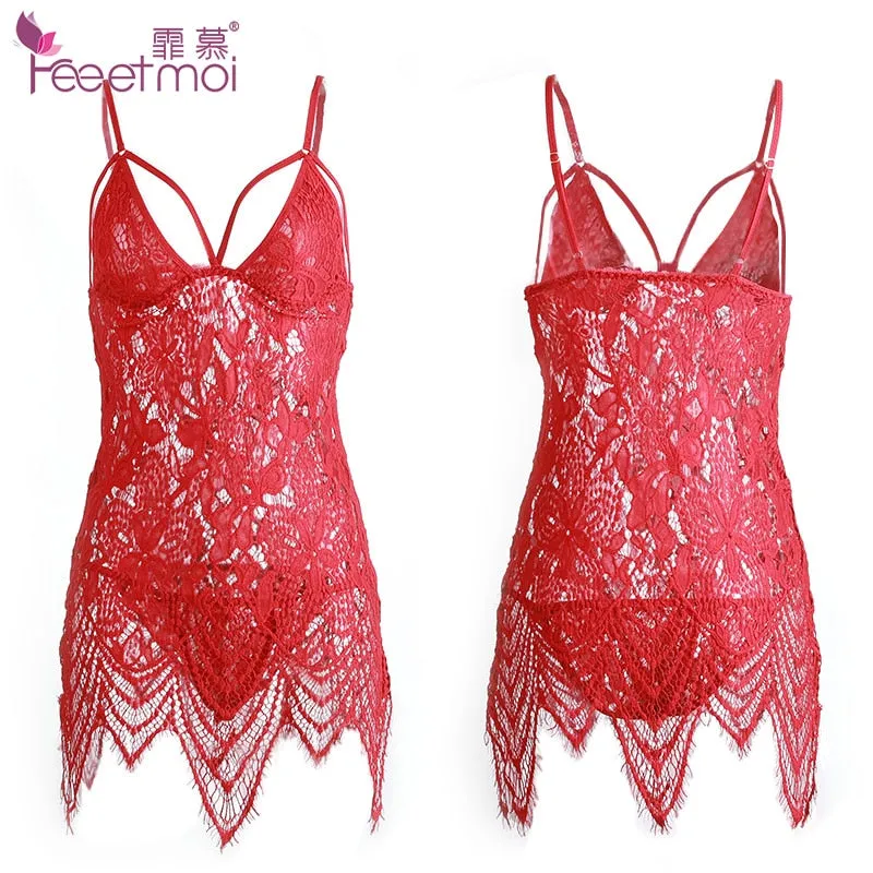 VenusFox High-end lace bohemian style hollow night skirt erotic body con dress suspender skirt lingerie lace bodysuit sexy dress