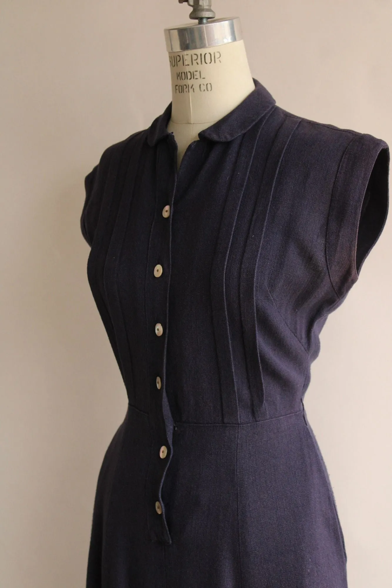 Vintage 1940s 1950s Navy Blue Shirtwaist Dress with Pockets