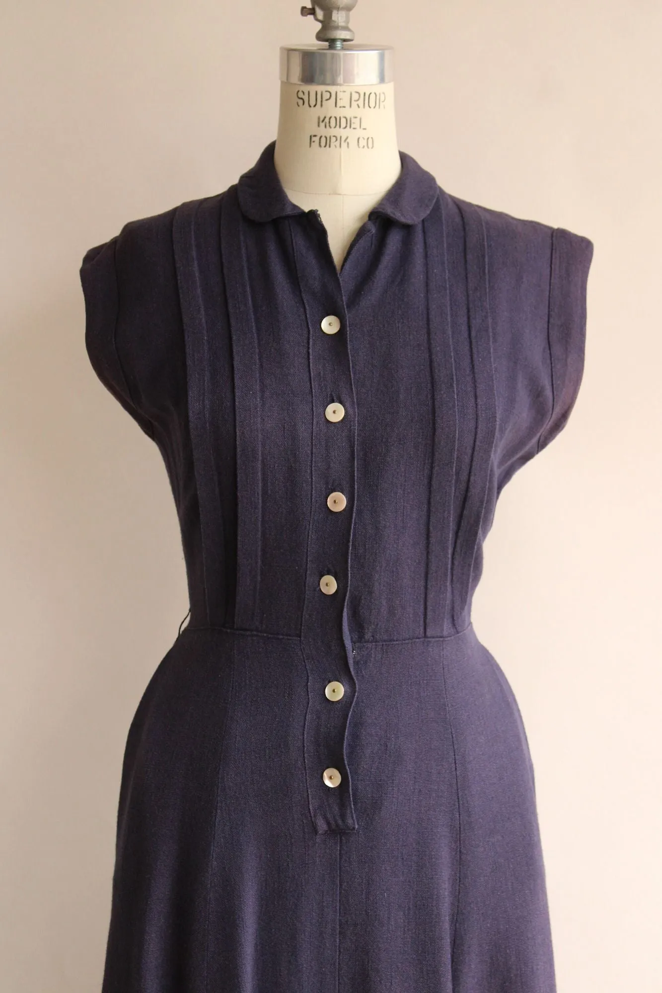 Vintage 1940s 1950s Navy Blue Shirtwaist Dress with Pockets