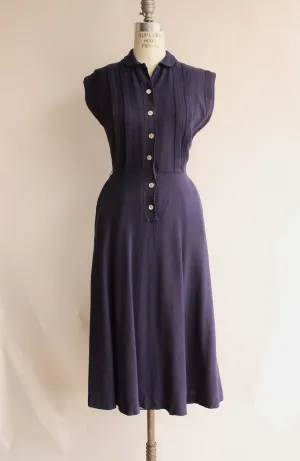 Vintage 1940s 1950s Navy Blue Shirtwaist Dress with Pockets