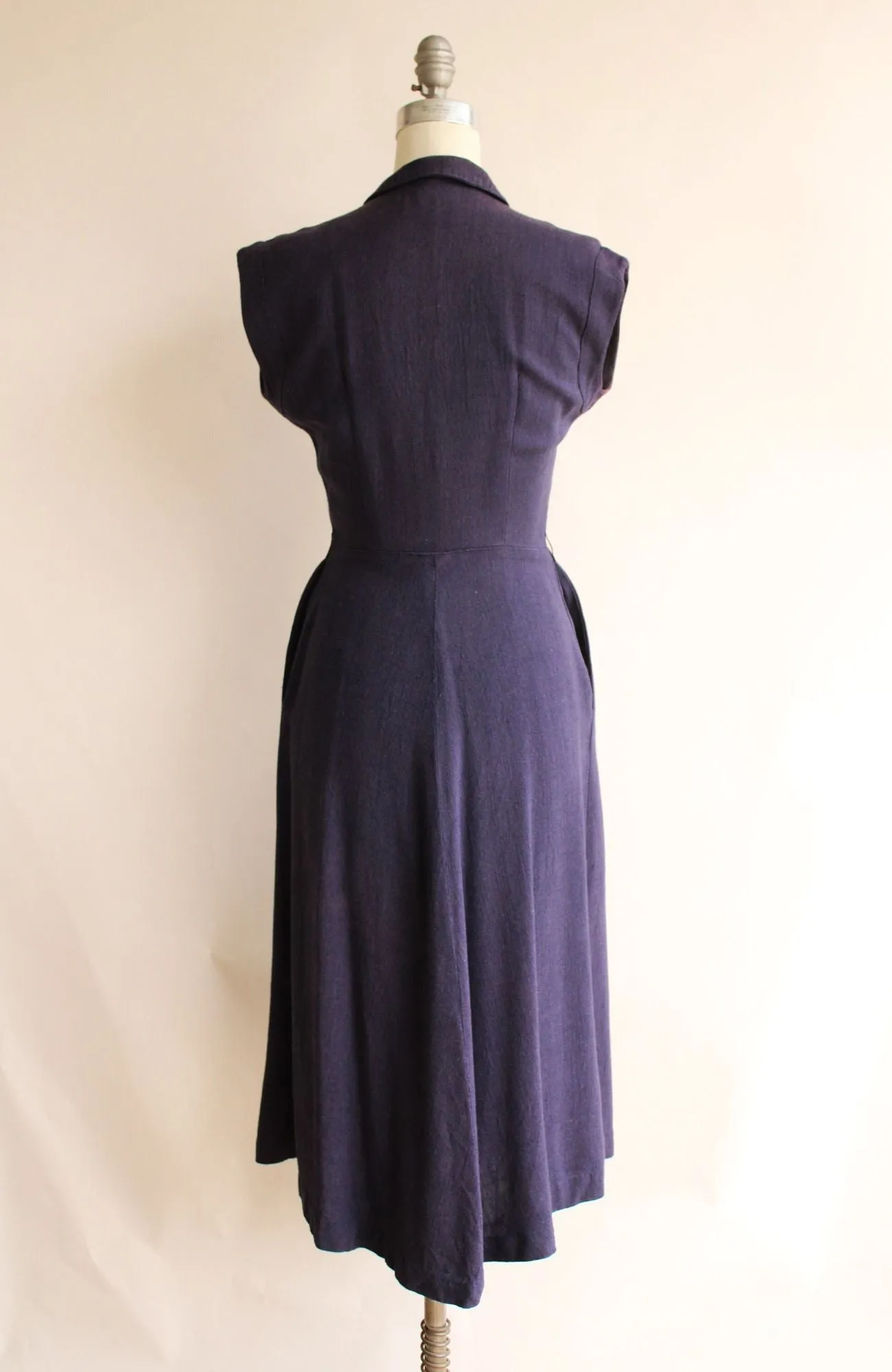 Vintage 1940s 1950s Navy Blue Shirtwaist Dress with Pockets