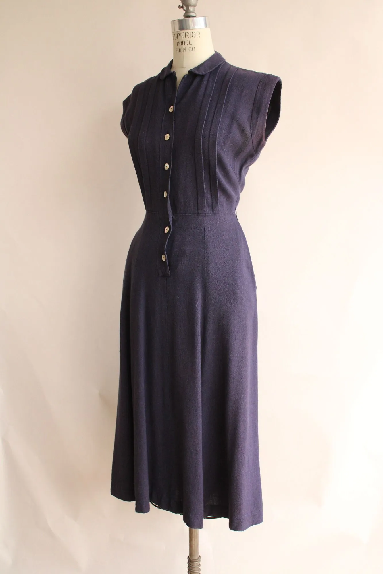 Vintage 1940s 1950s Navy Blue Shirtwaist Dress with Pockets