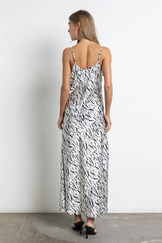 White Animal Print Satin Midi Slip Dress