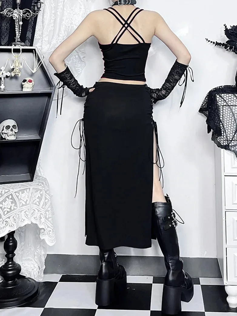 Women Gothic Skirts Cross Cut Out Slim Maxi Skirt