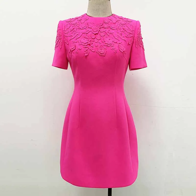 Women Hand Made 3D Flowers Mini Dress Hot Pink Wedding Dress