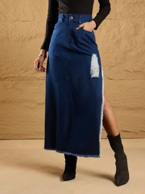 Women Navy Distressed Side Slit Maxi Skirt