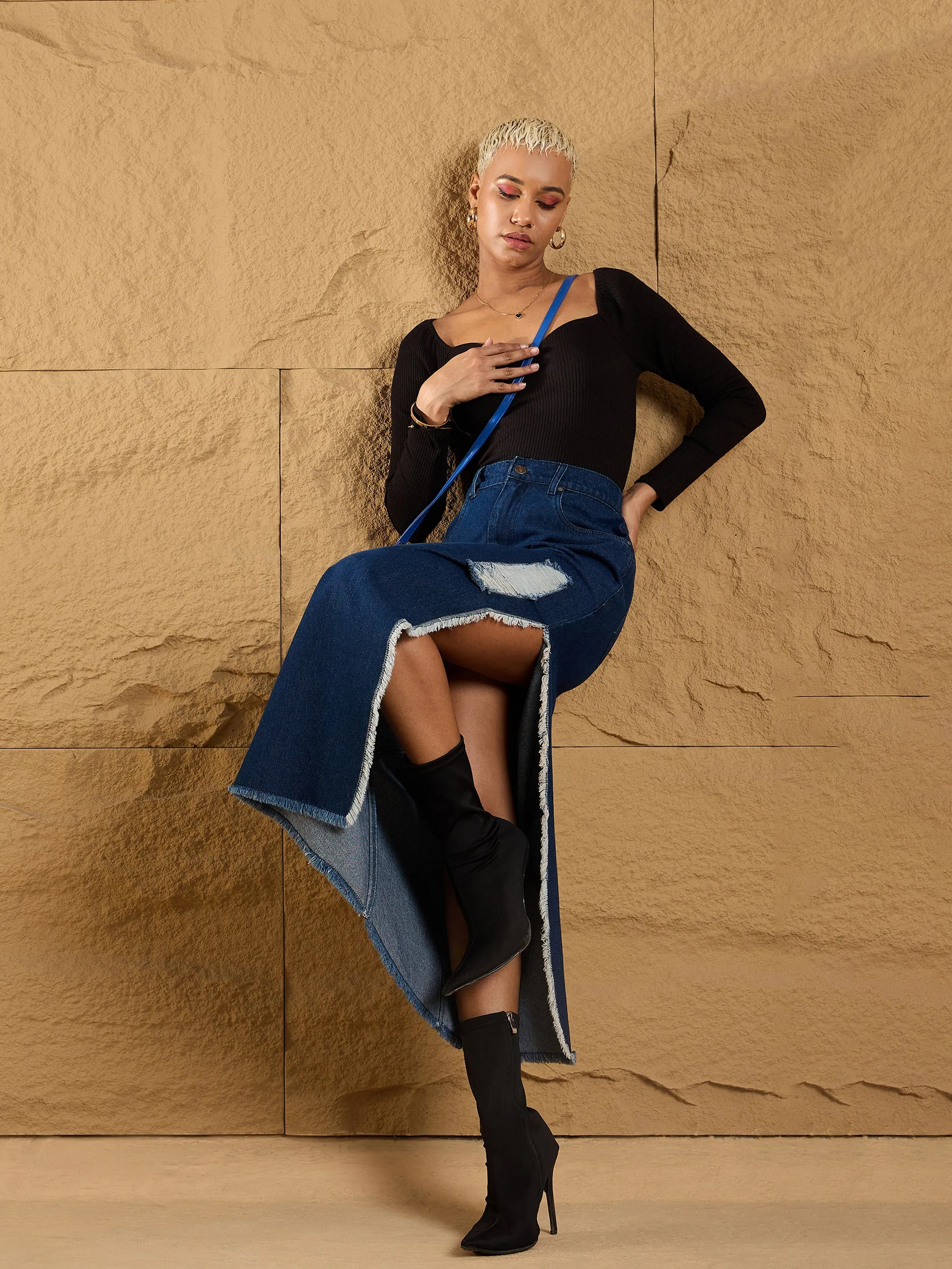 Women Navy Distressed Side Slit Maxi Skirt