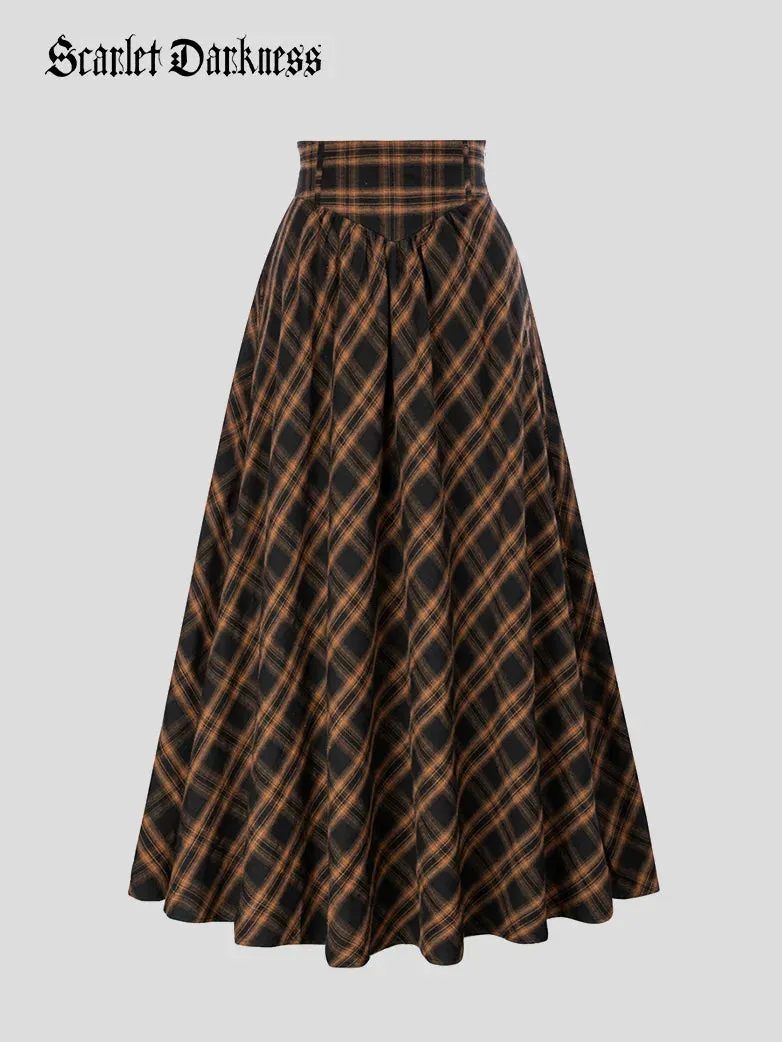 Women Renaissance Maxi Skirt Elastic Plaided Swing Skirt