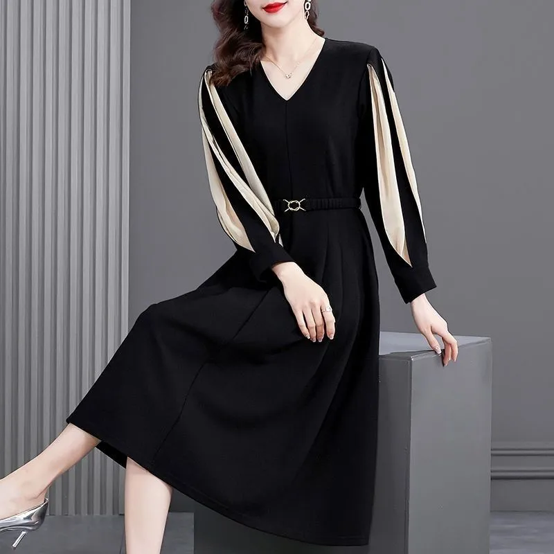 Women Solid Color Patchwork Midi Dress Elegant V-Neck All-match Spring Autumn A-Line Waist Dress - WD8030