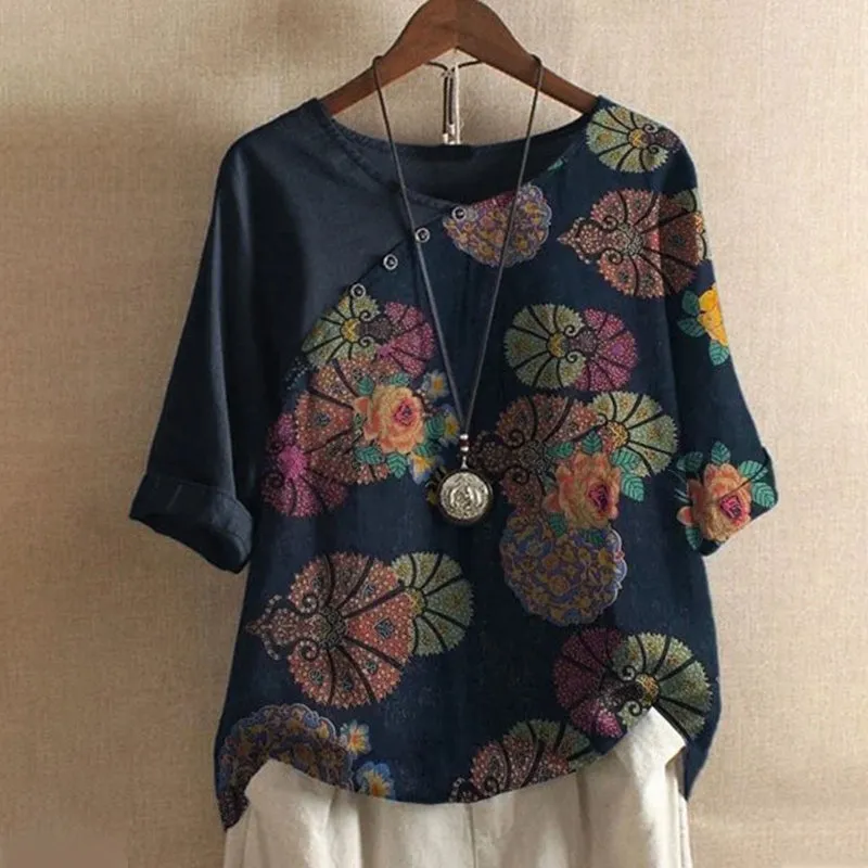 Women's Button Short Sleeve Floral Print T-Shirt