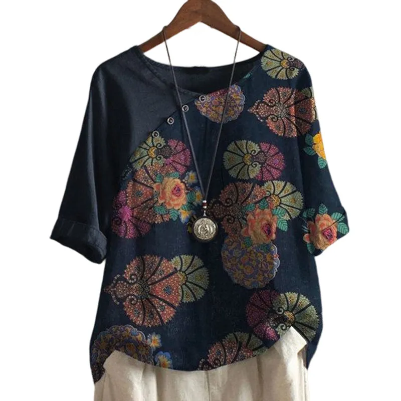 Women's Button Short Sleeve Floral Print T-Shirt