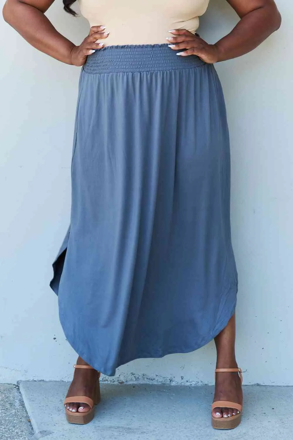 Women's Doublju Comfort Princess Full Size High Waist Scoop Hem Maxi Skirt in Dusty Blue