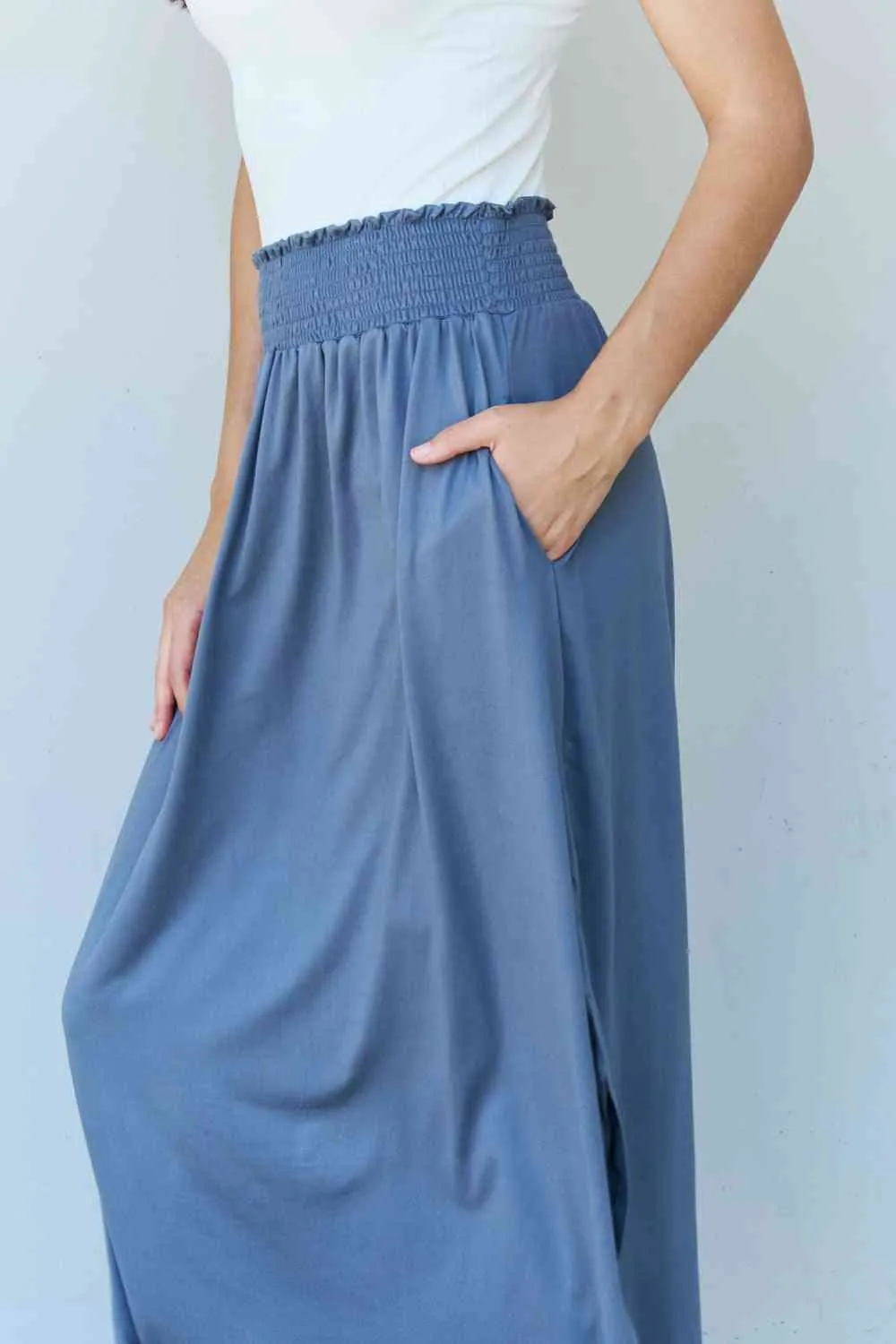 Women's Doublju Comfort Princess Full Size High Waist Scoop Hem Maxi Skirt in Dusty Blue