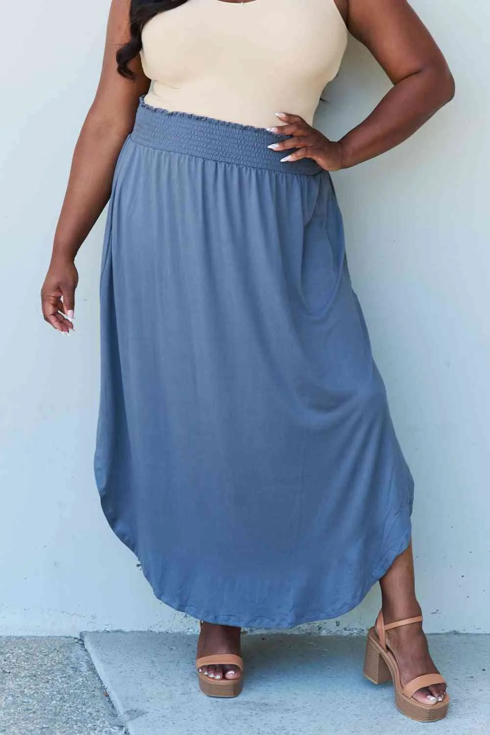 Women's Doublju Comfort Princess Full Size High Waist Scoop Hem Maxi Skirt in Dusty Blue