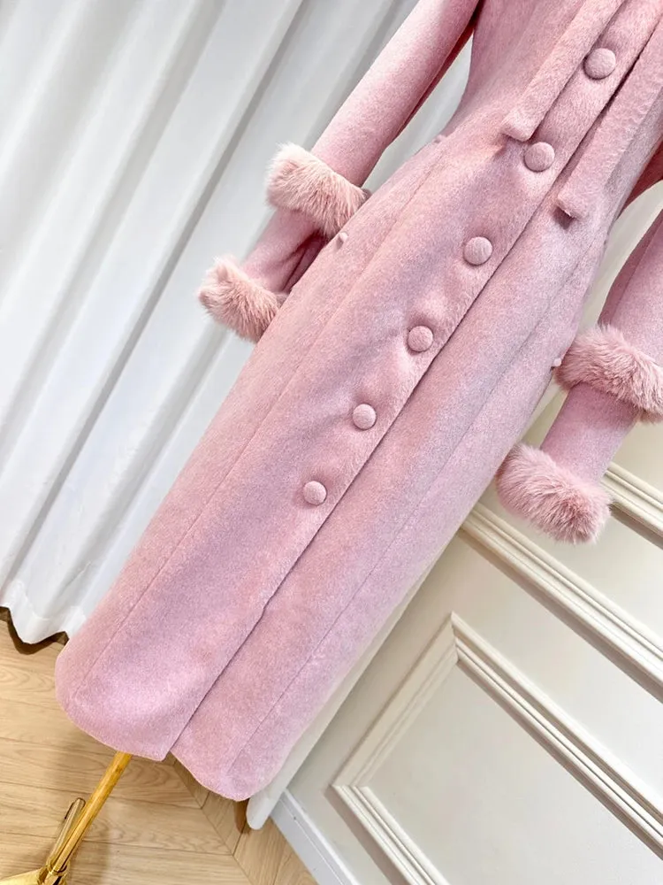 Women's Luxe Pink Wool-Blend Long Coat