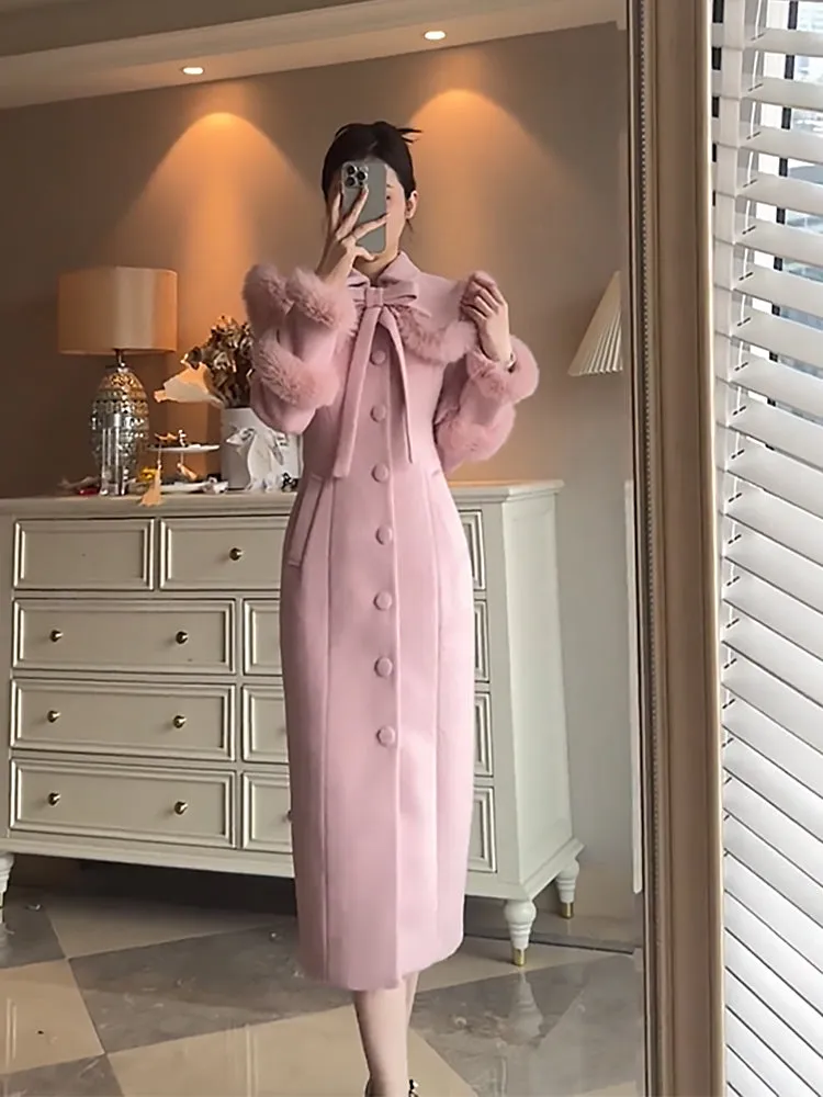 Women's Luxe Pink Wool-Blend Long Coat