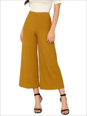 Women's Plain Elastic Mid Waist Culotte Pants