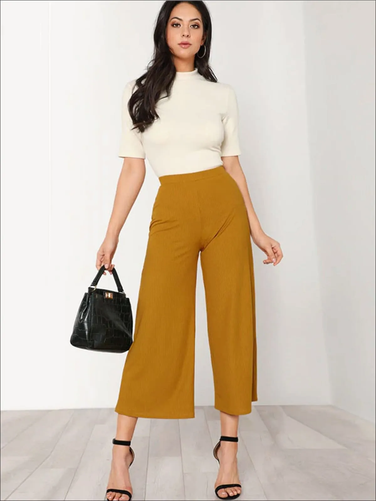 Women's Plain Elastic Mid Waist Culotte Pants