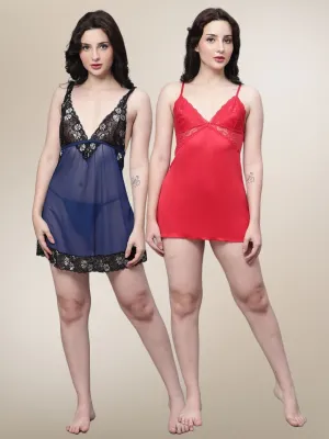 Women's Set Of 2 Blue & Red Strap Net Baby Doll