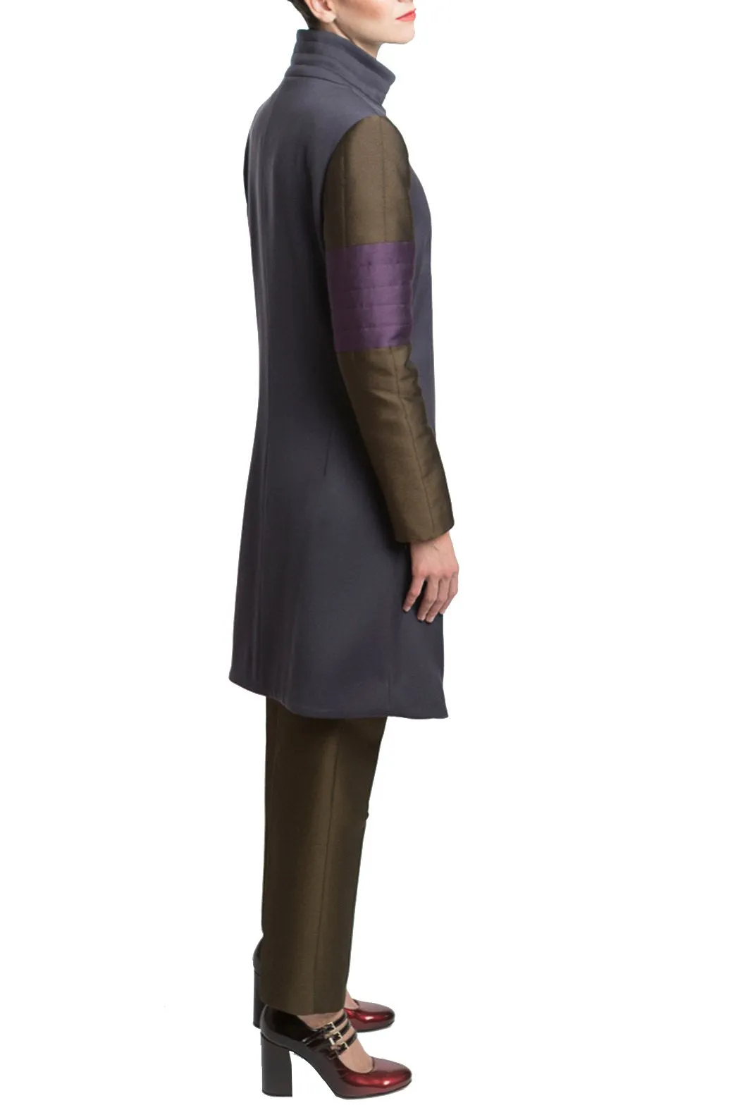 Wool Coat in Grey with Green and Purple Sleeves