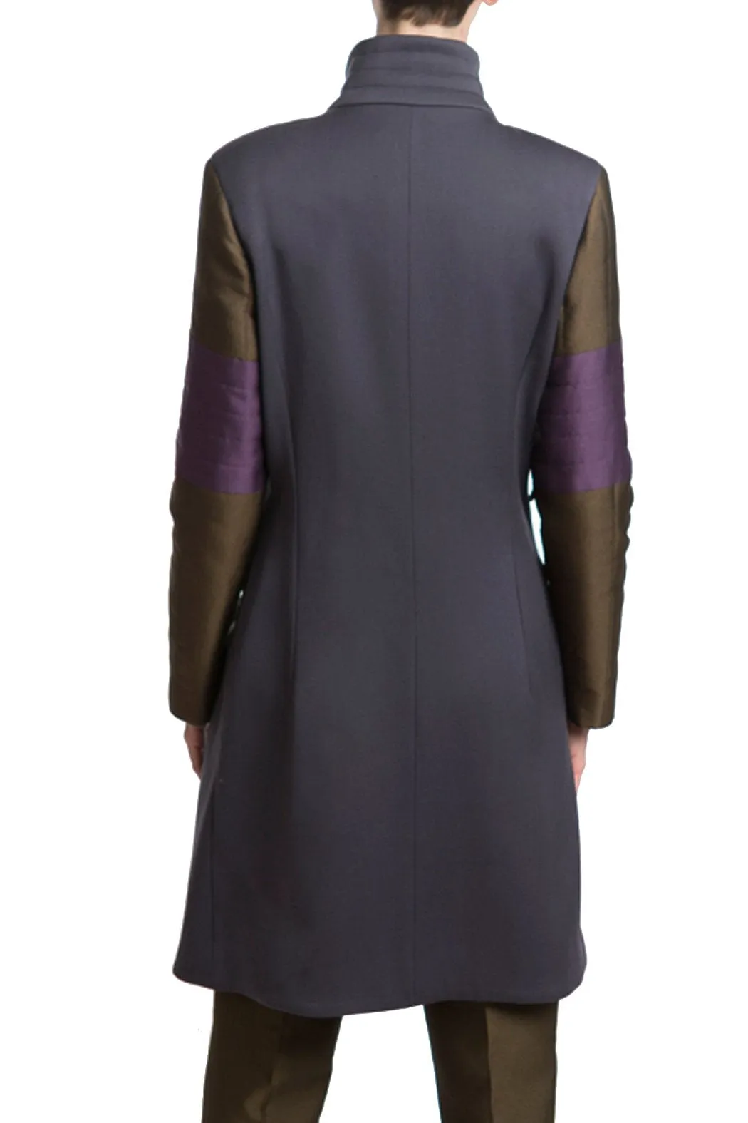 Wool Coat in Grey with Green and Purple Sleeves