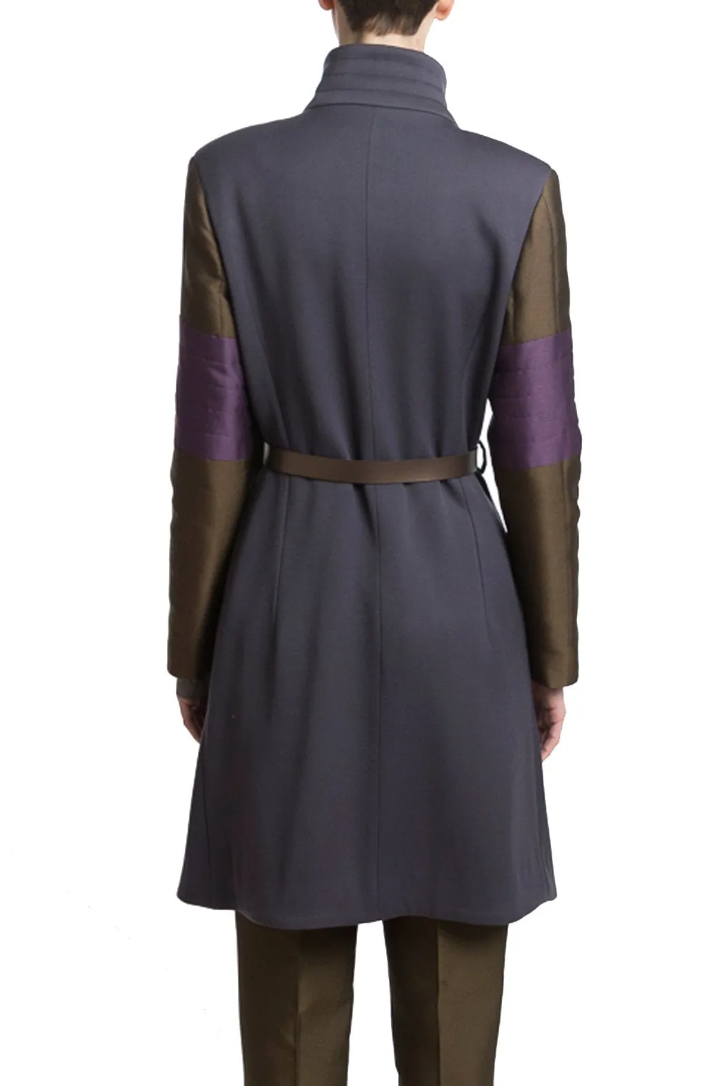 Wool Coat in Grey with Green and Purple Sleeves