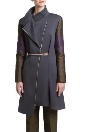 Wool Coat in Grey with Green and Purple Sleeves