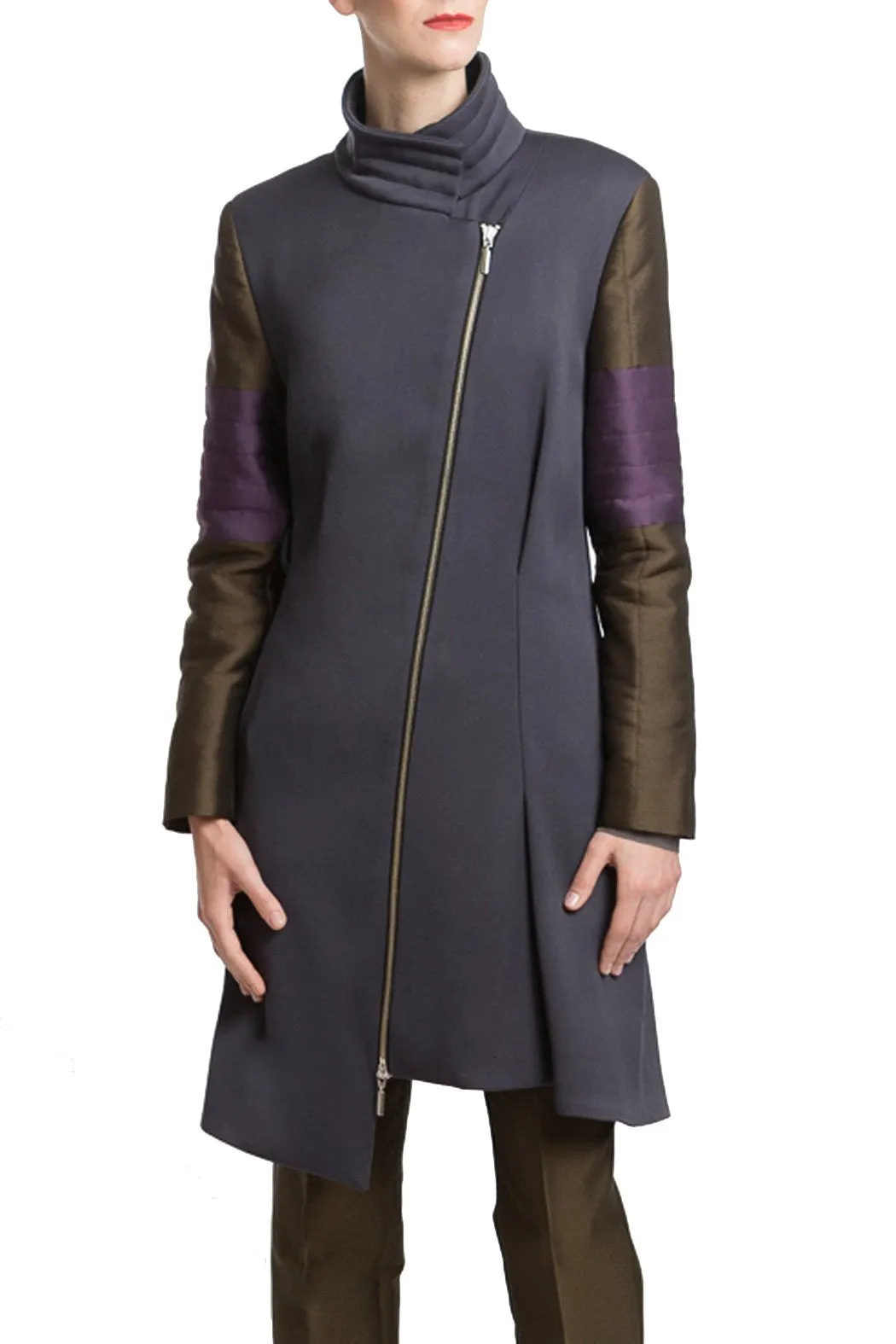 Wool Coat in Grey with Green and Purple Sleeves