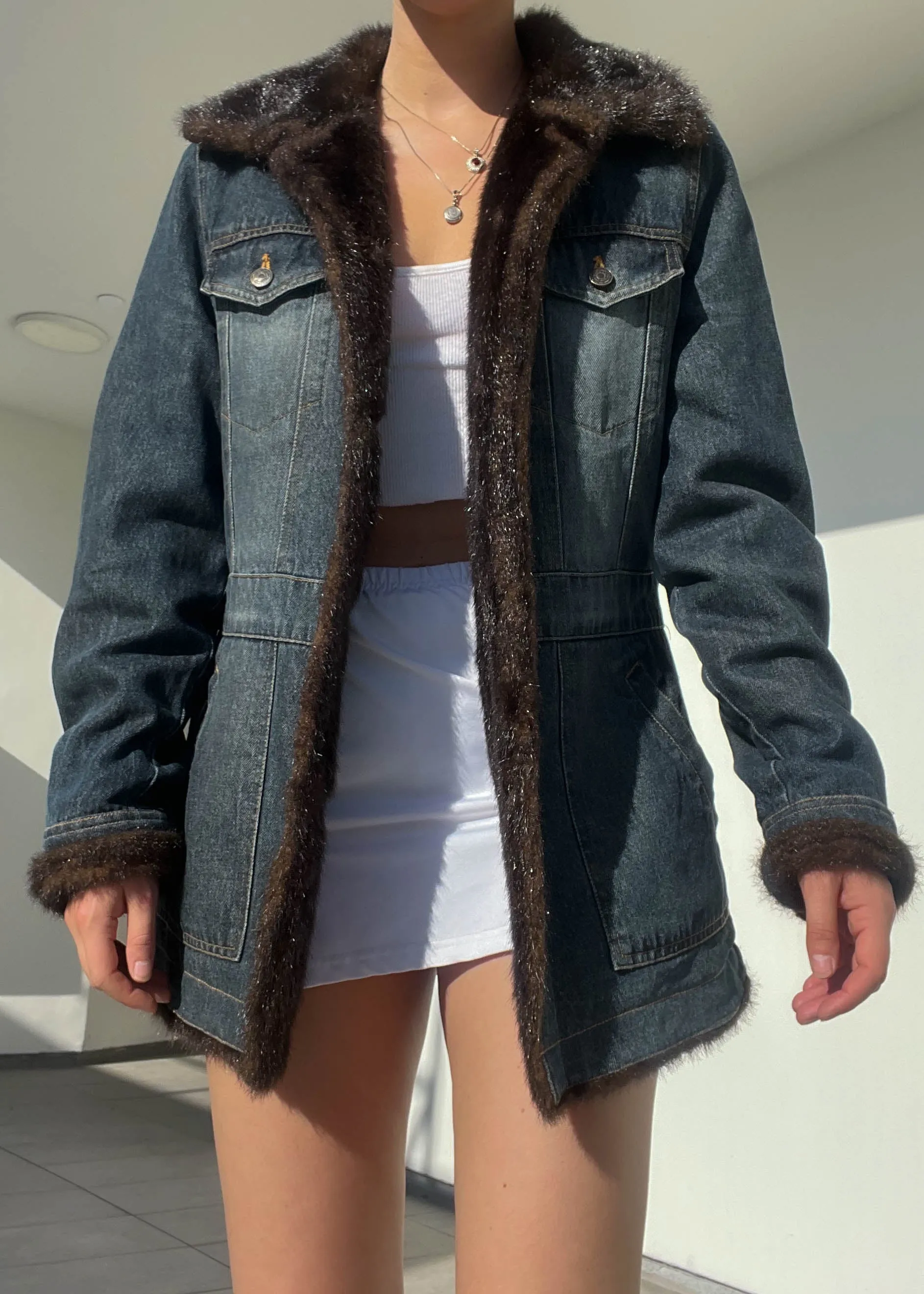 Y2k Fur Trim Denim Coat (M)