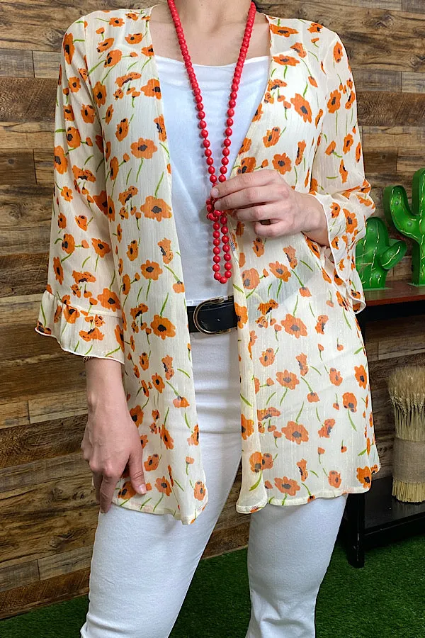 YMY6878 Cream floral printed sheer cardigan 3/4 sleeve