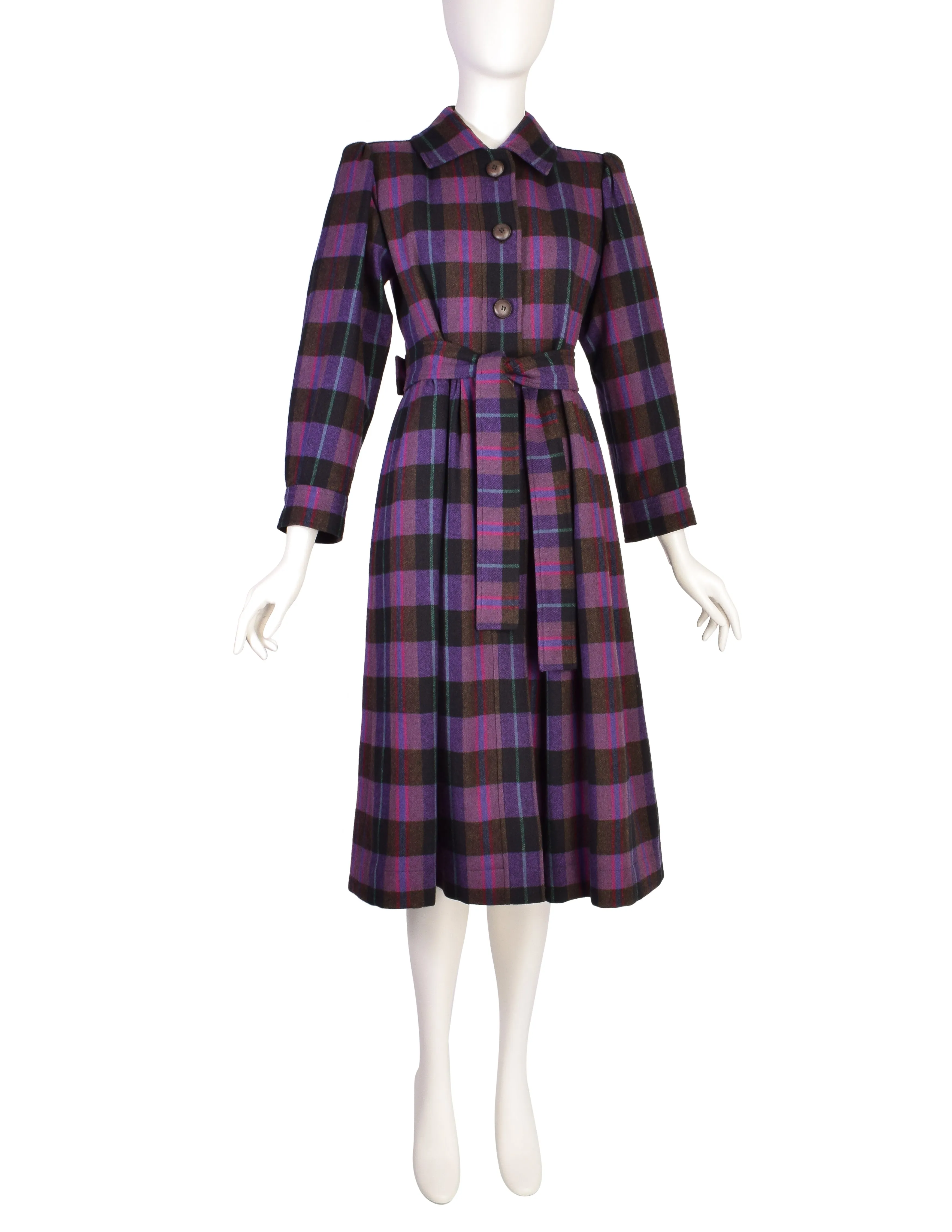 Yves Saint Laurent Vintage AW 1980 Purple Plaid Wool Tie Waist Coat