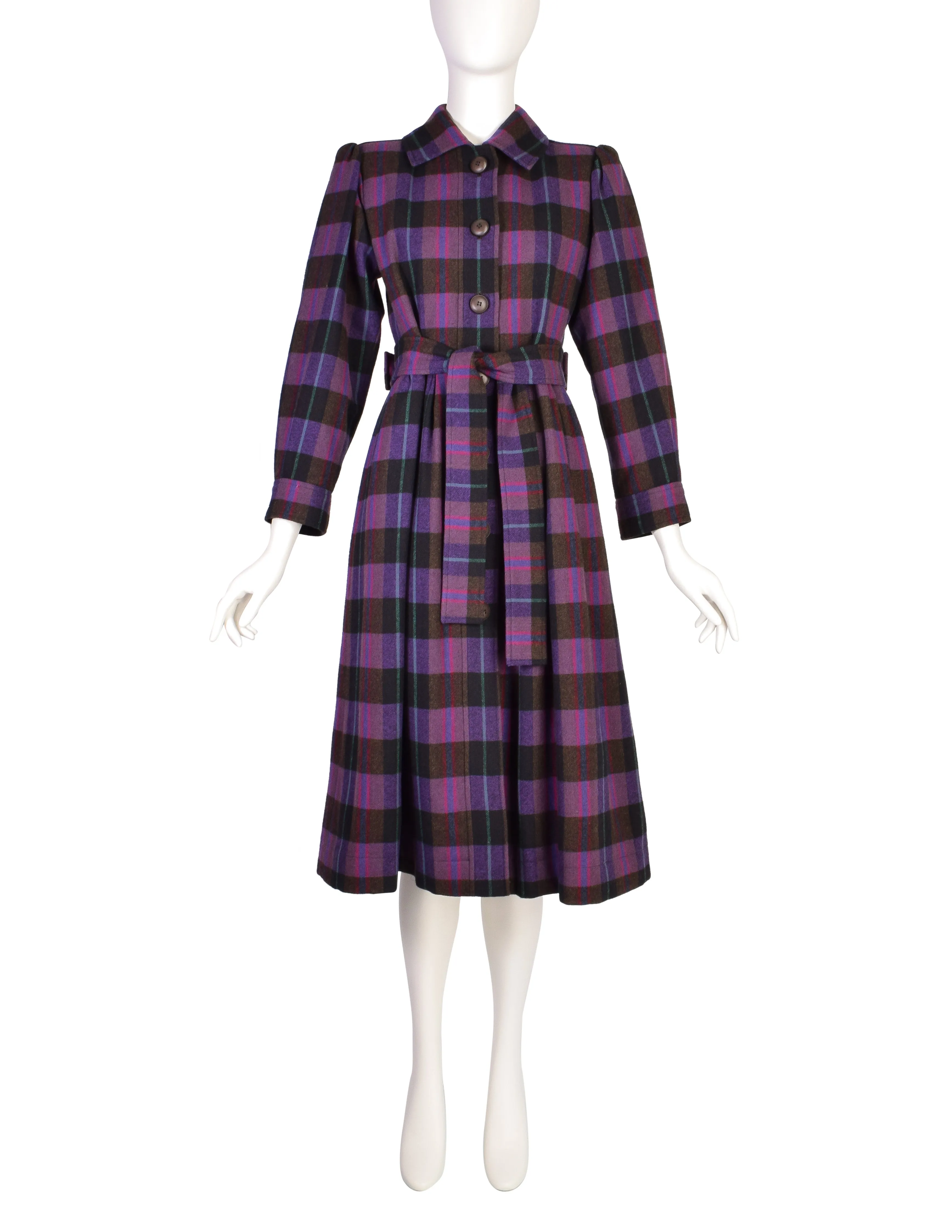 Yves Saint Laurent Vintage AW 1980 Purple Plaid Wool Tie Waist Coat