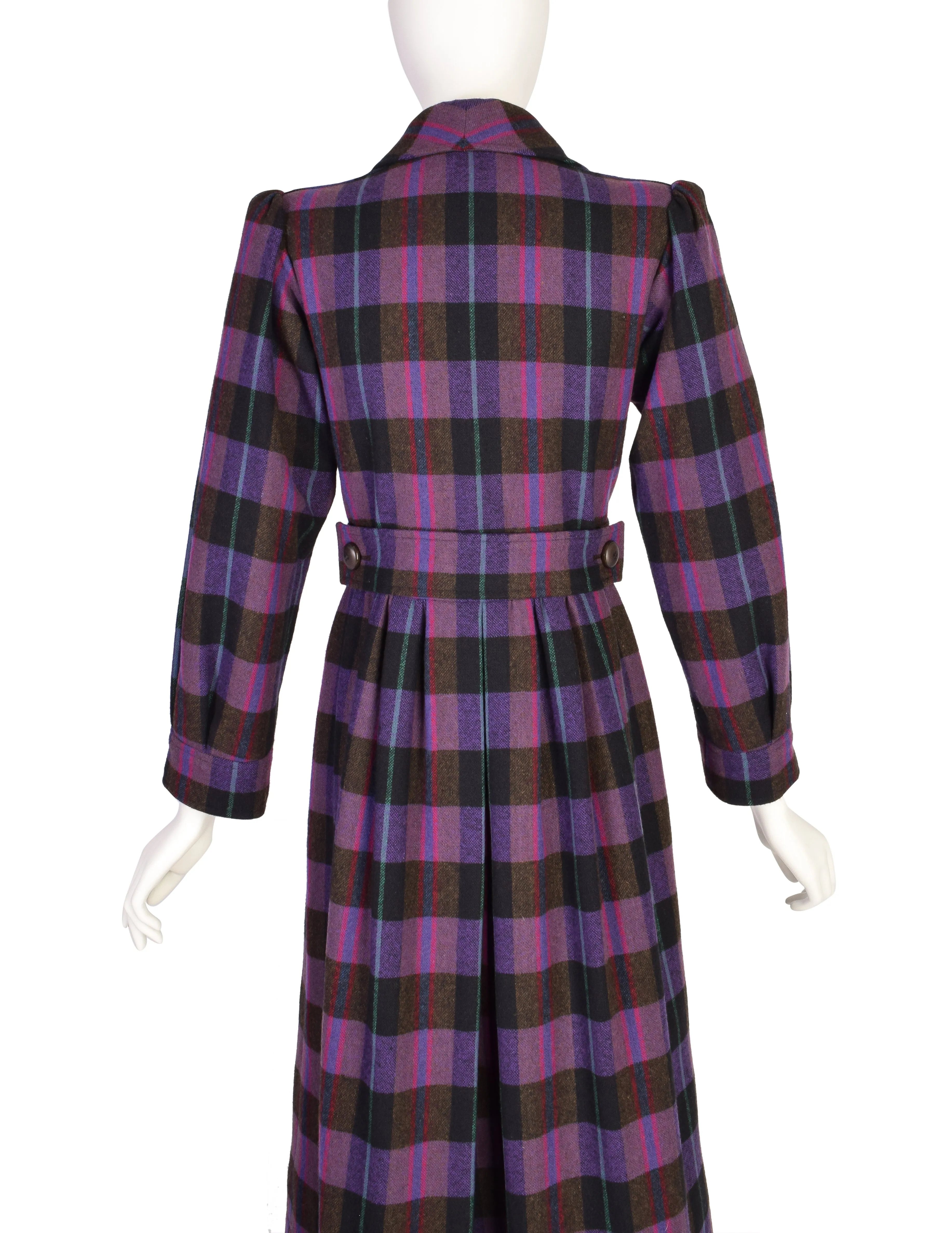 Yves Saint Laurent Vintage AW 1980 Purple Plaid Wool Tie Waist Coat