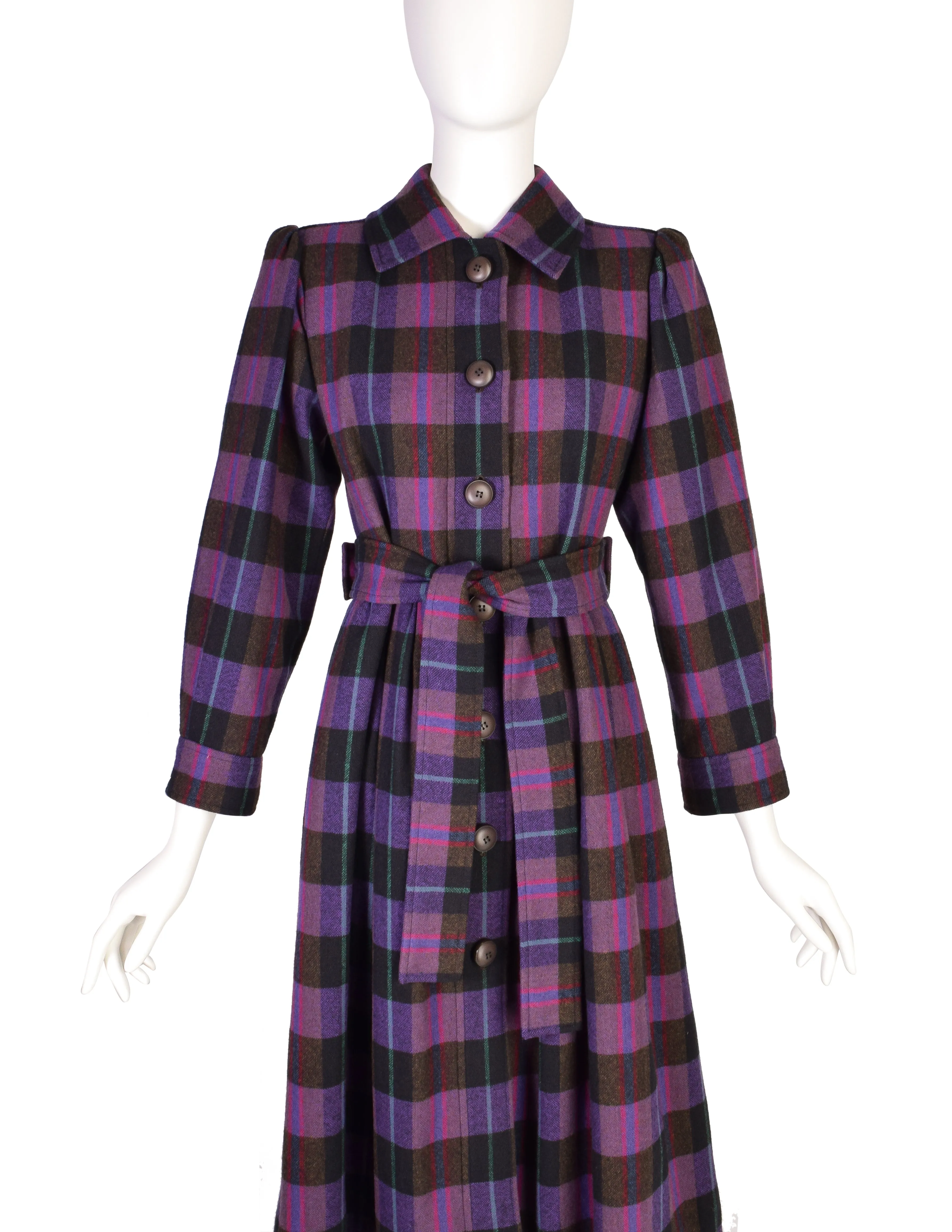 Yves Saint Laurent Vintage AW 1980 Purple Plaid Wool Tie Waist Coat