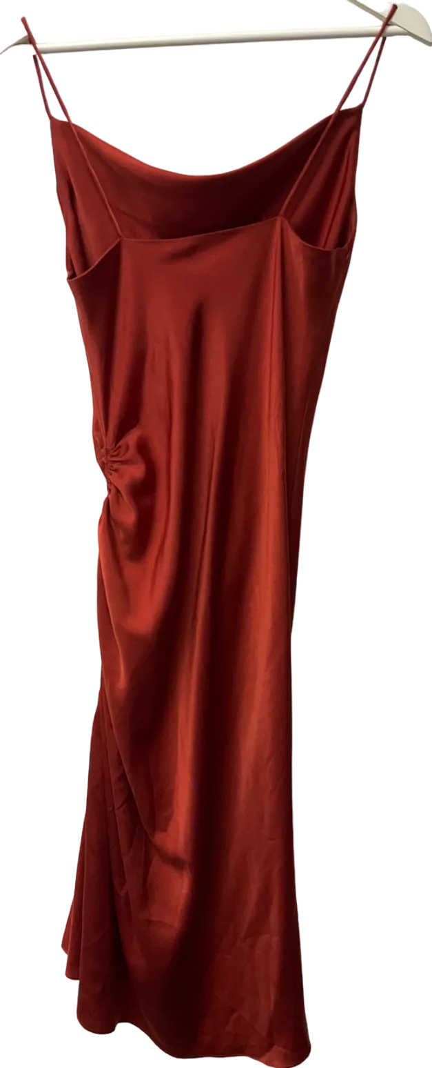 ZARA Rust Red Bias Cut Satin Side-ruched Slip Dress UK 8